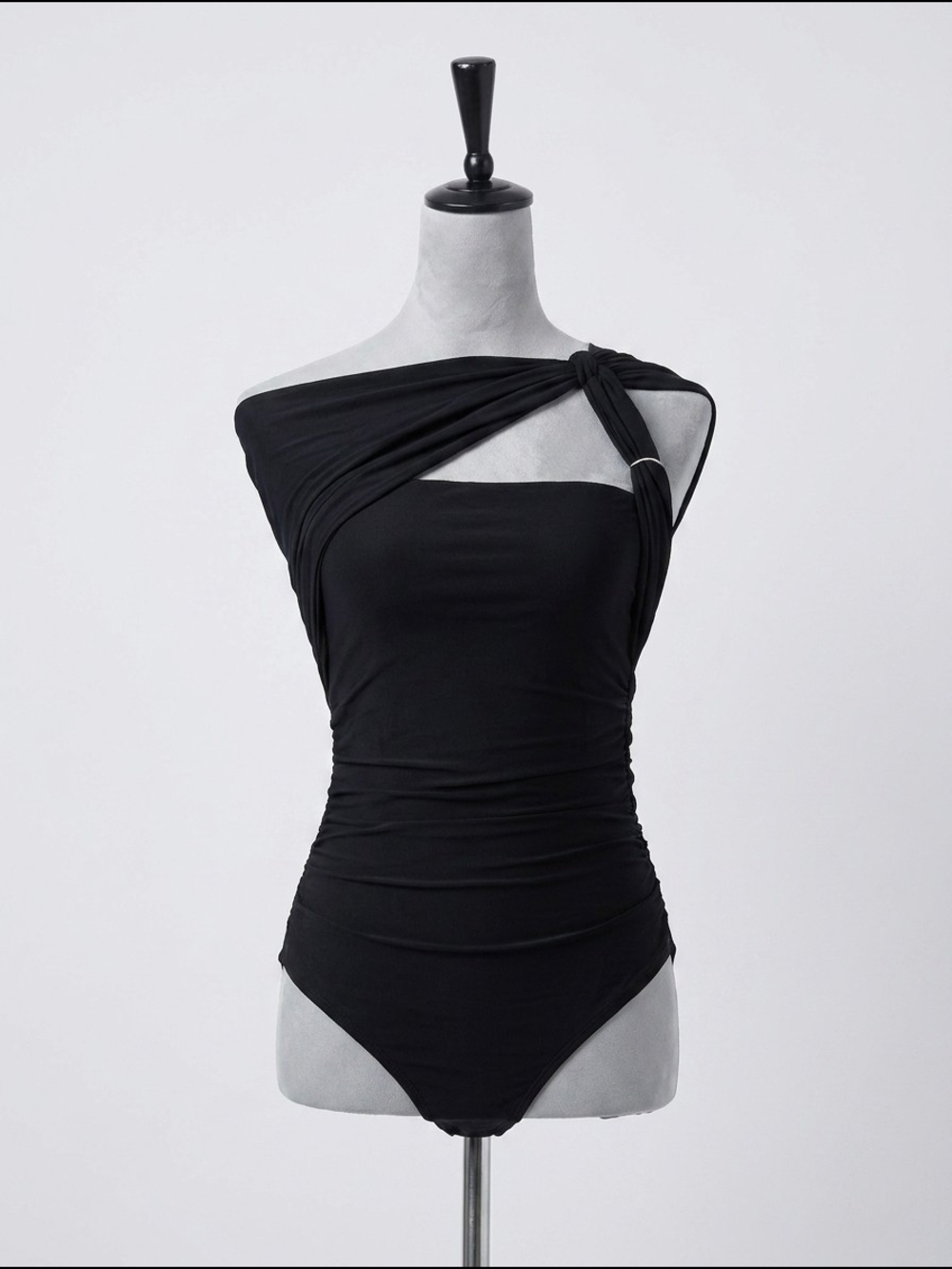 ReoRia Black One-Shoulder Twist-Ring Bodysuit